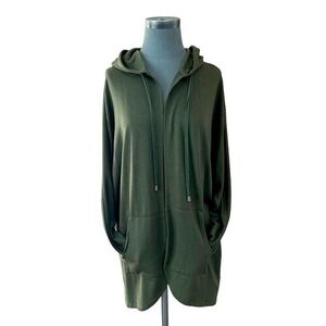 Cyrus Women's Khaki Green Long Blazer Cardigan M Open Front Hooded Duster VG